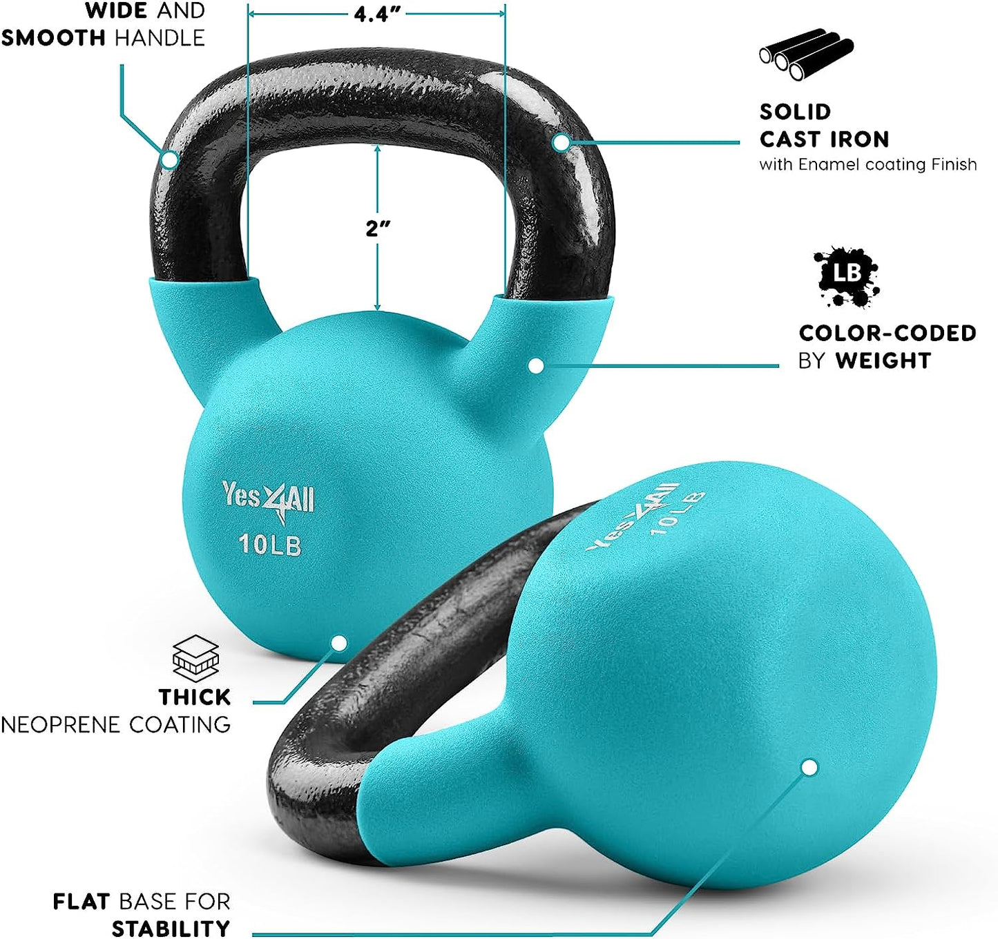 Neoprene Coated Cast Iron Kettlebells (5-65 LB) with Wide Grip Handle and Flat Bottom for Versatile Home Gym Training - Available Individually or as a Set
