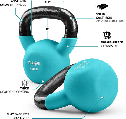 Neoprene Coated Cast Iron Kettlebells (5-65 LB) with Wide Grip Handle and Flat Bottom for Versatile Home Gym Training - Available Individually or as a Set