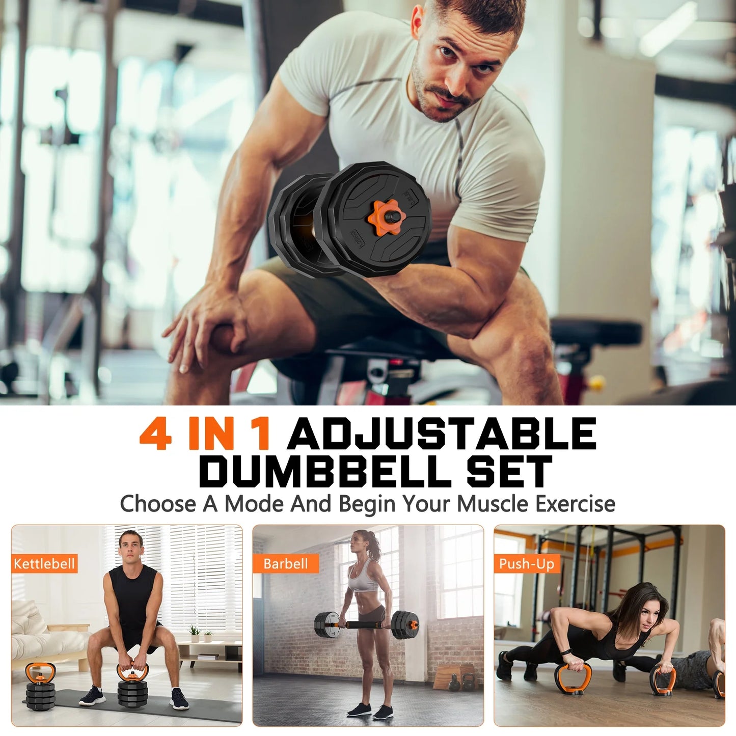 66 lb 4-in-1 Adjustable Dumbbell Set with Connector - Versatile Free Weight System for Barbell, Kettlebell, and Push-Up Stand Exercises for Home Gym - Suitable for Men and Women