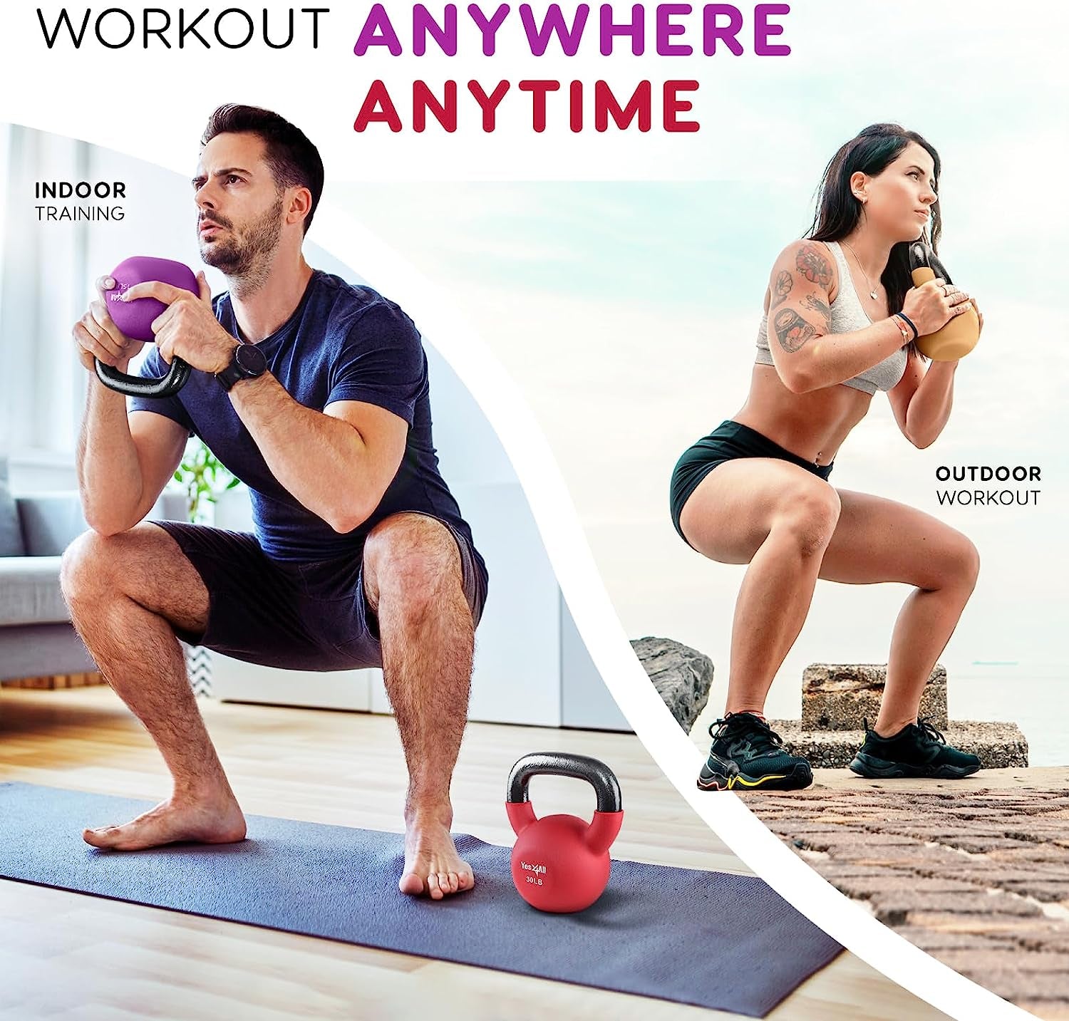 Neoprene Coated Cast Iron Kettlebells (5-65 LB) with Wide Grip Handle and Flat Bottom for Versatile Home Gym Training - Available Individually or as a Set